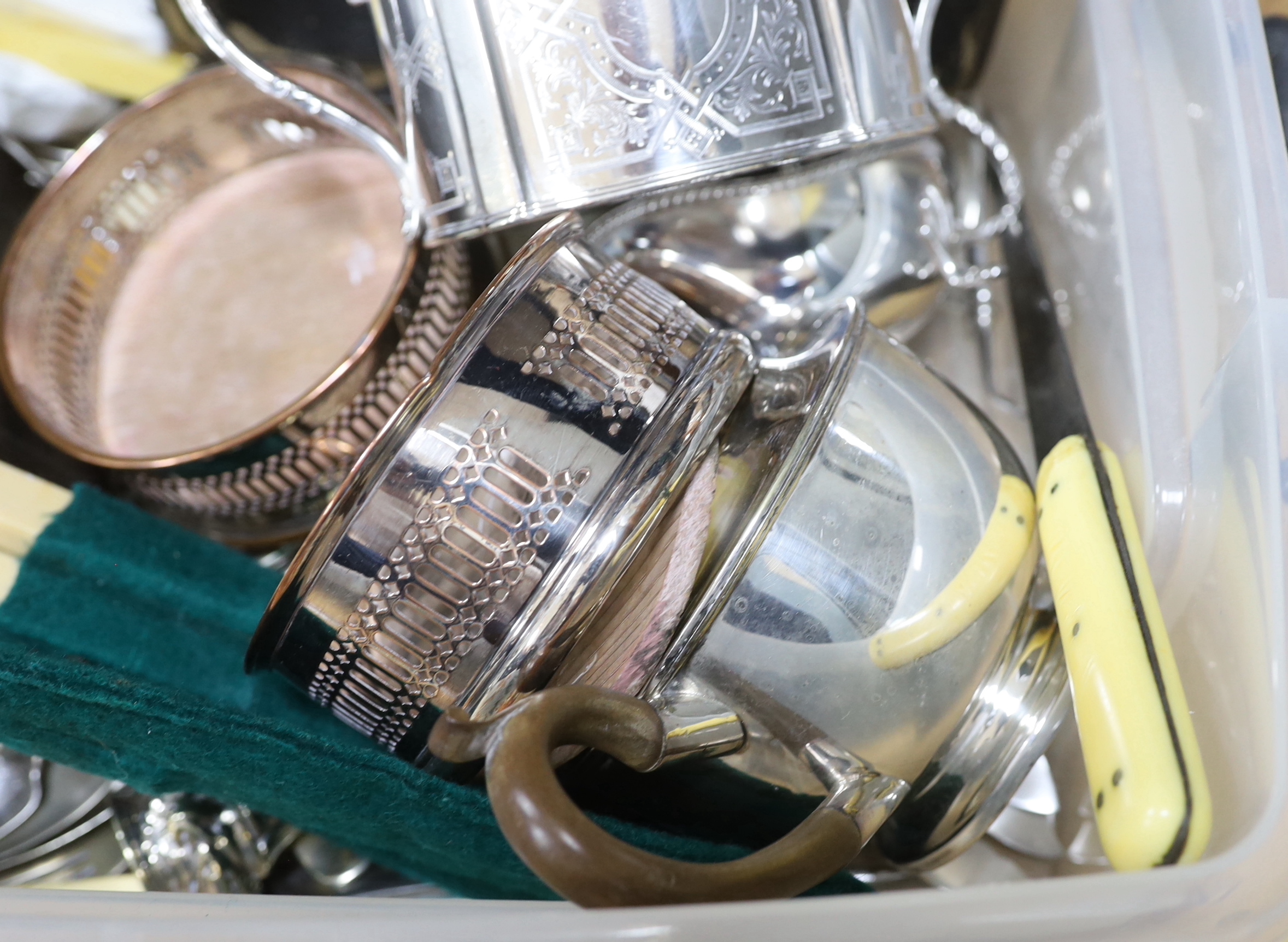 Sundry plated wares including cased set of silver handled knives, plated wine coasters and candlesticks